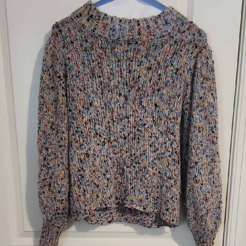 Gray and Blue Chunky Knit Cowl Neck Sweater